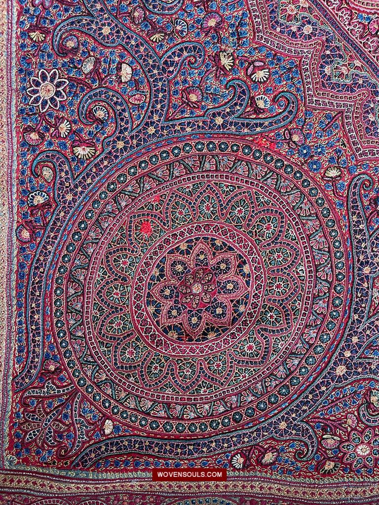 1608 Old Kashmir Silk Embroidered Amli Shawl Rumal-WOVENSOULS Antique Textiles & Art Gallery