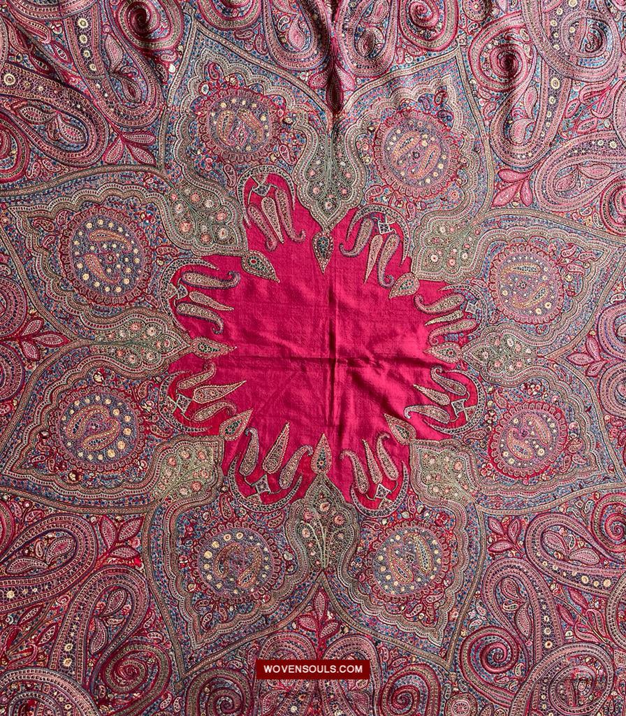 1608 Old Kashmir Silk Embroidered Amli Shawl Rumal-WOVENSOULS Antique Textiles & Art Gallery