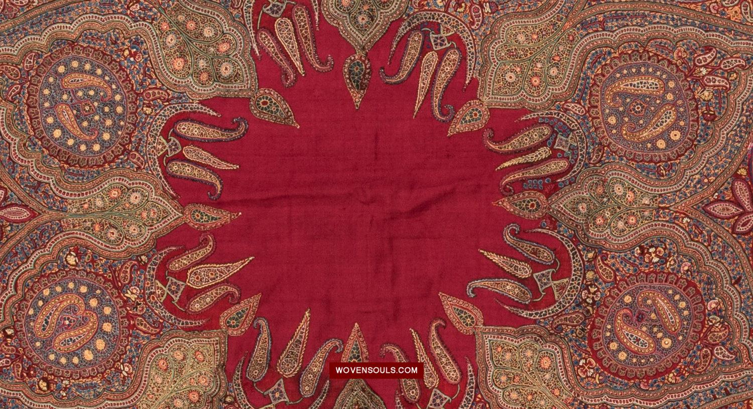 1608 Old Kashmir Silk Embroidered Amli Shawl Rumal-WOVENSOULS Antique Textiles & Art Gallery