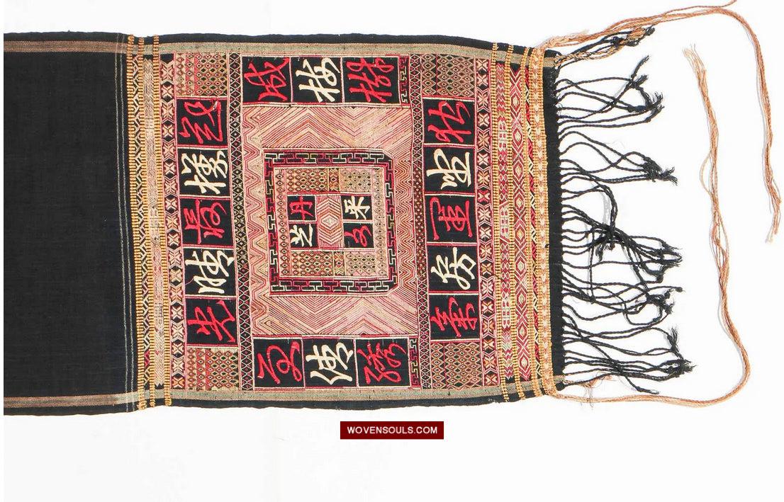 1612 Old Chinese Hainan Meifu Li Ethnic Minority Head wrap turban w Magenta Inscription-WOVENSOULS Antique Textiles & Art Gallery