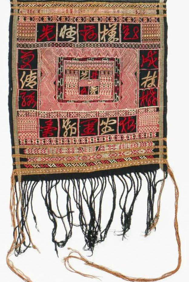 1612 Old Chinese Hainan Meifu Li Ethnic Minority Head wrap turban w Magenta Inscription-WOVENSOULS Antique Textiles & Art Gallery