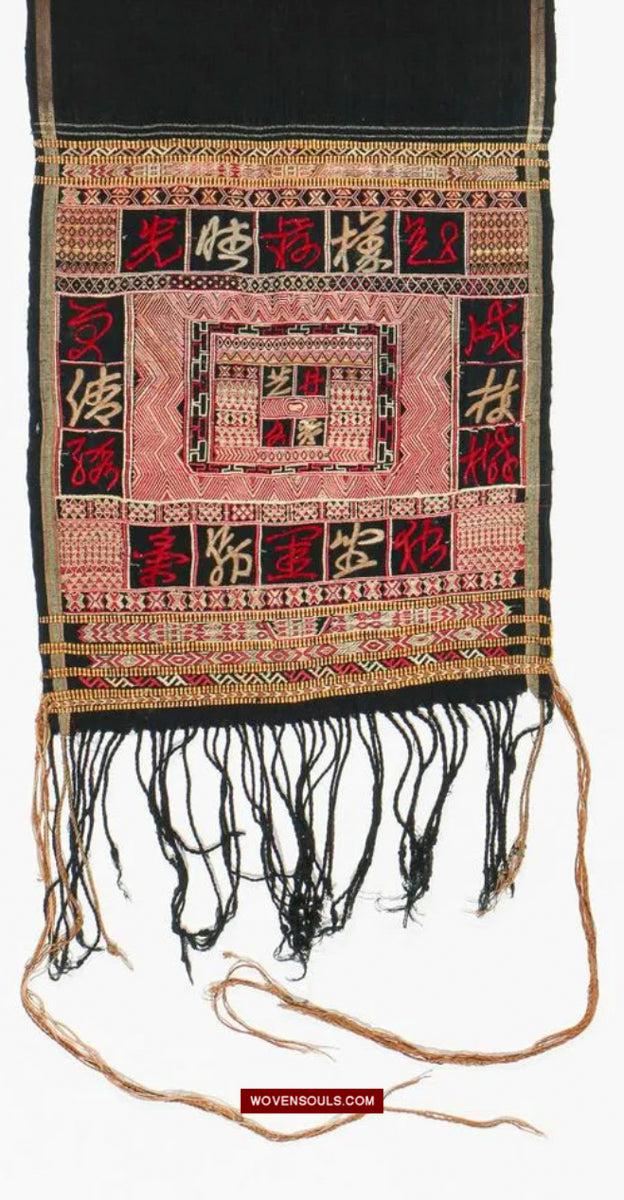 1612 Old Chinese Hainan Meifu Li Ethnic Minority Head wrap turban w Magenta Inscription-WOVENSOULS Antique Textiles & Art Gallery