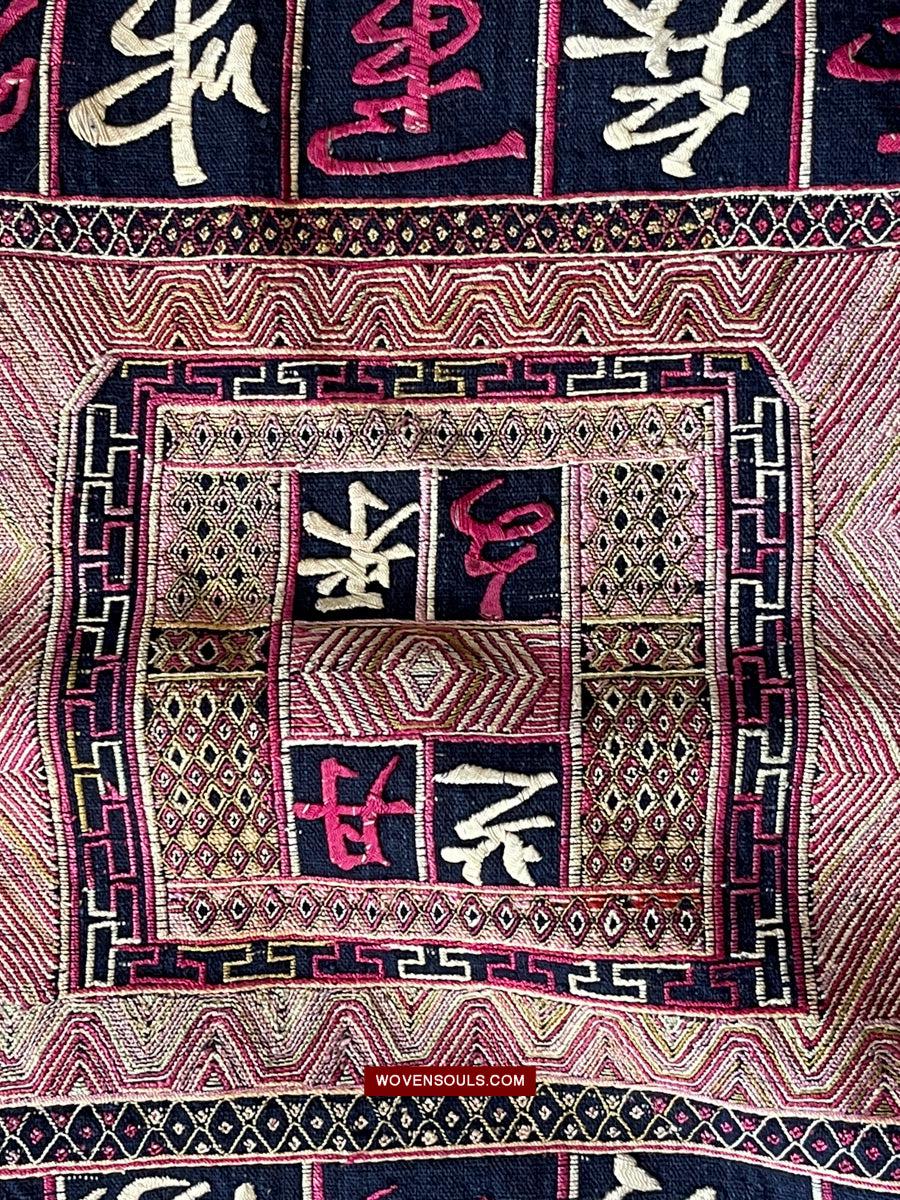 1612 Old Chinese Hainan Meifu Li Ethnic Minority Head wrap turban w Magenta Inscription-WOVENSOULS Antique Textiles & Art Gallery