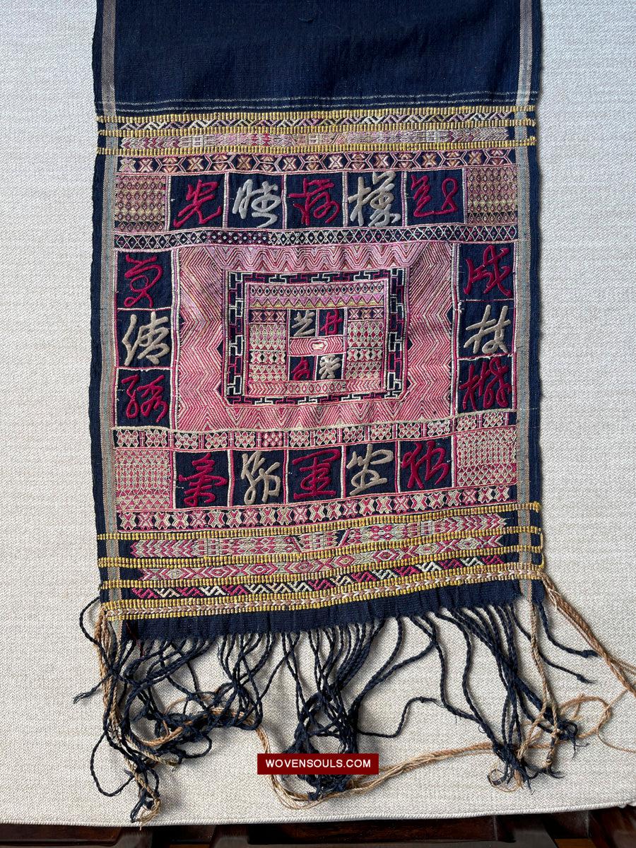1612 Old Chinese Hainan Meifu Li Ethnic Minority Head wrap turban w Magenta Inscription-WOVENSOULS Antique Textiles & Art Gallery