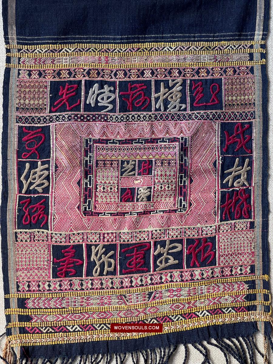 1612 Old Chinese Hainan Meifu Li Ethnic Minority Head wrap turban w Magenta Inscription-WOVENSOULS Antique Textiles & Art Gallery