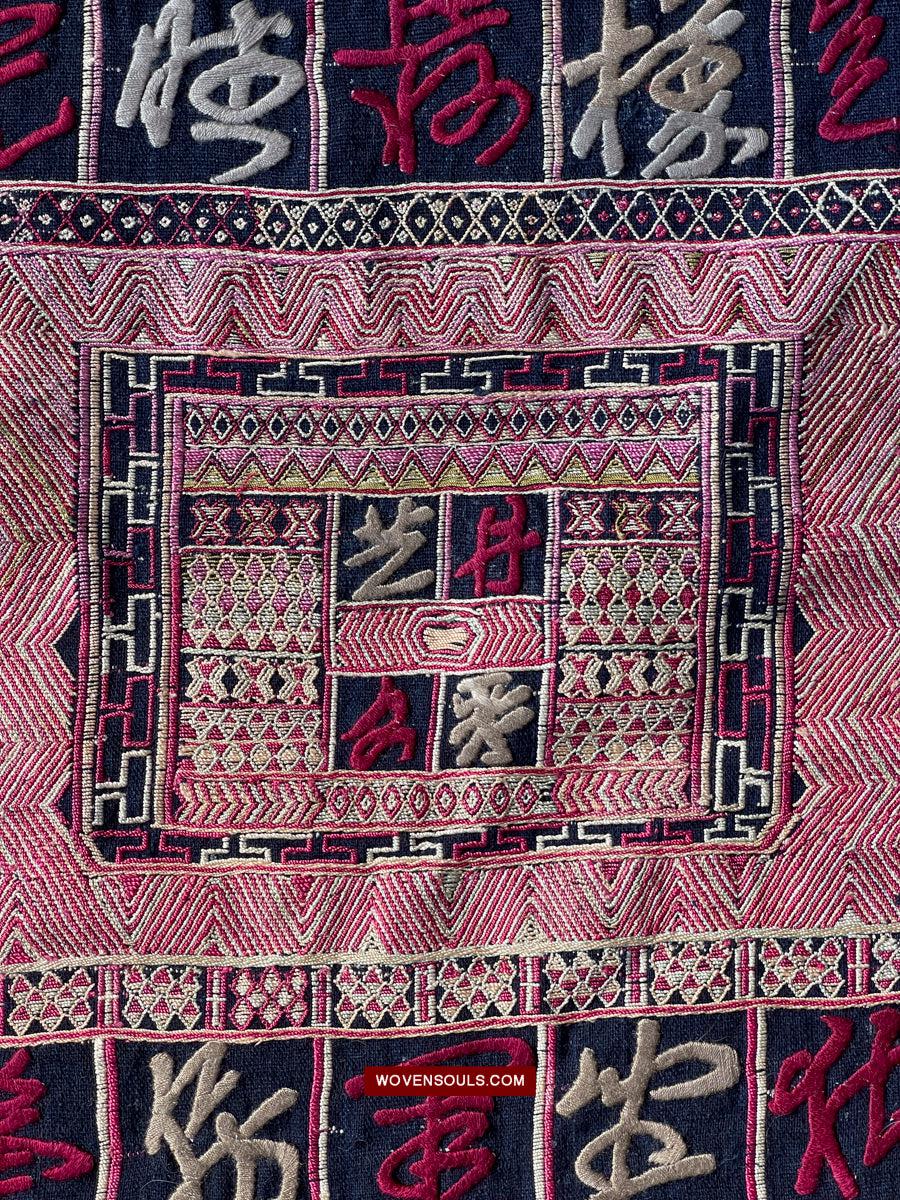 1612 Old Chinese Hainan Meifu Li Ethnic Minority Head wrap turban w Magenta Inscription-WOVENSOULS Antique Textiles & Art Gallery