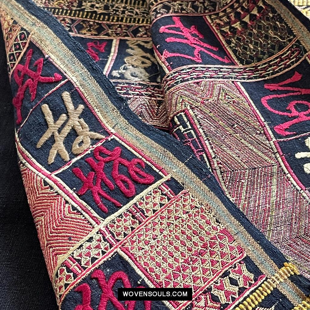 1612 Old Chinese Hainan Meifu Li Ethnic Minority Head wrap turban w Magenta Inscription-WOVENSOULS Antique Textiles & Art Gallery