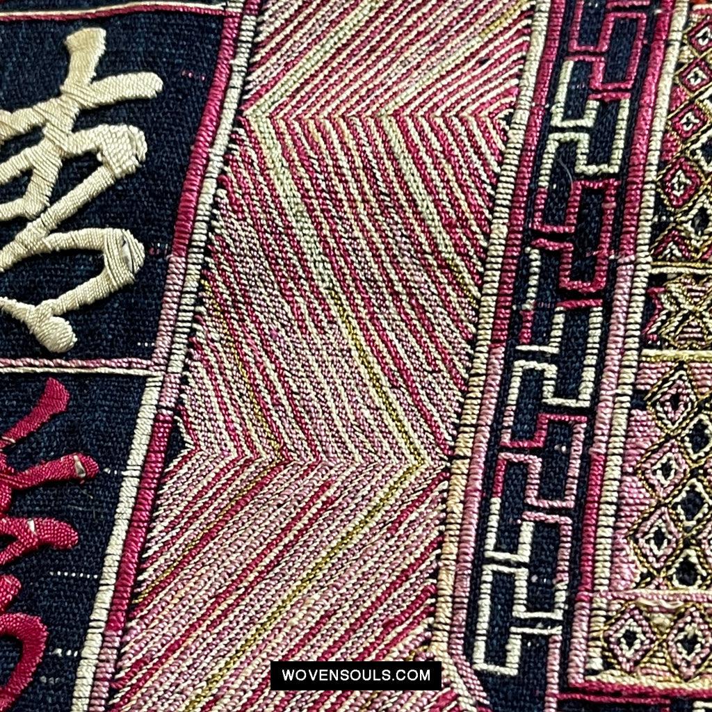 1612 Old Chinese Hainan Meifu Li Ethnic Minority Head wrap turban w Magenta Inscription-WOVENSOULS Antique Textiles & Art Gallery