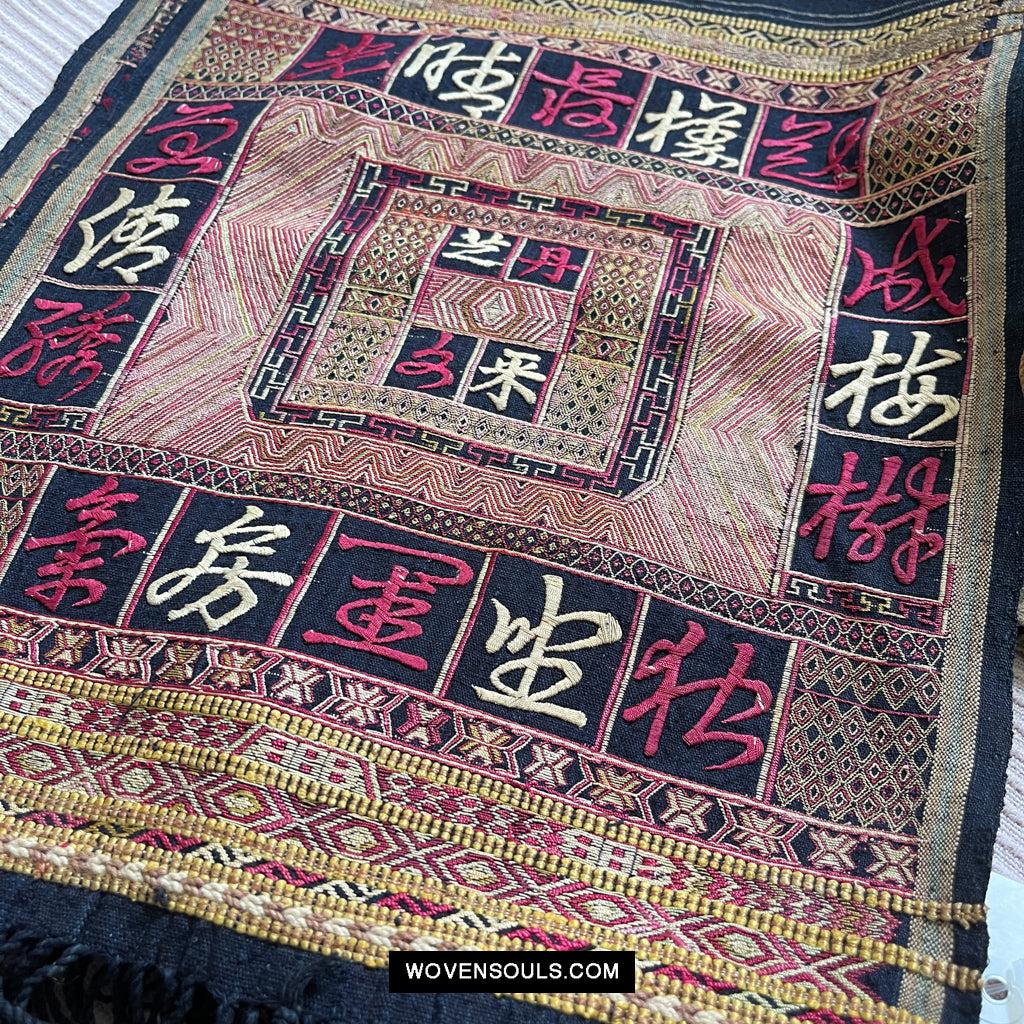 1612 Old Chinese Hainan Meifu Li Ethnic Minority Head wrap turban w Magenta Inscription-WOVENSOULS Antique Textiles & Art Gallery
