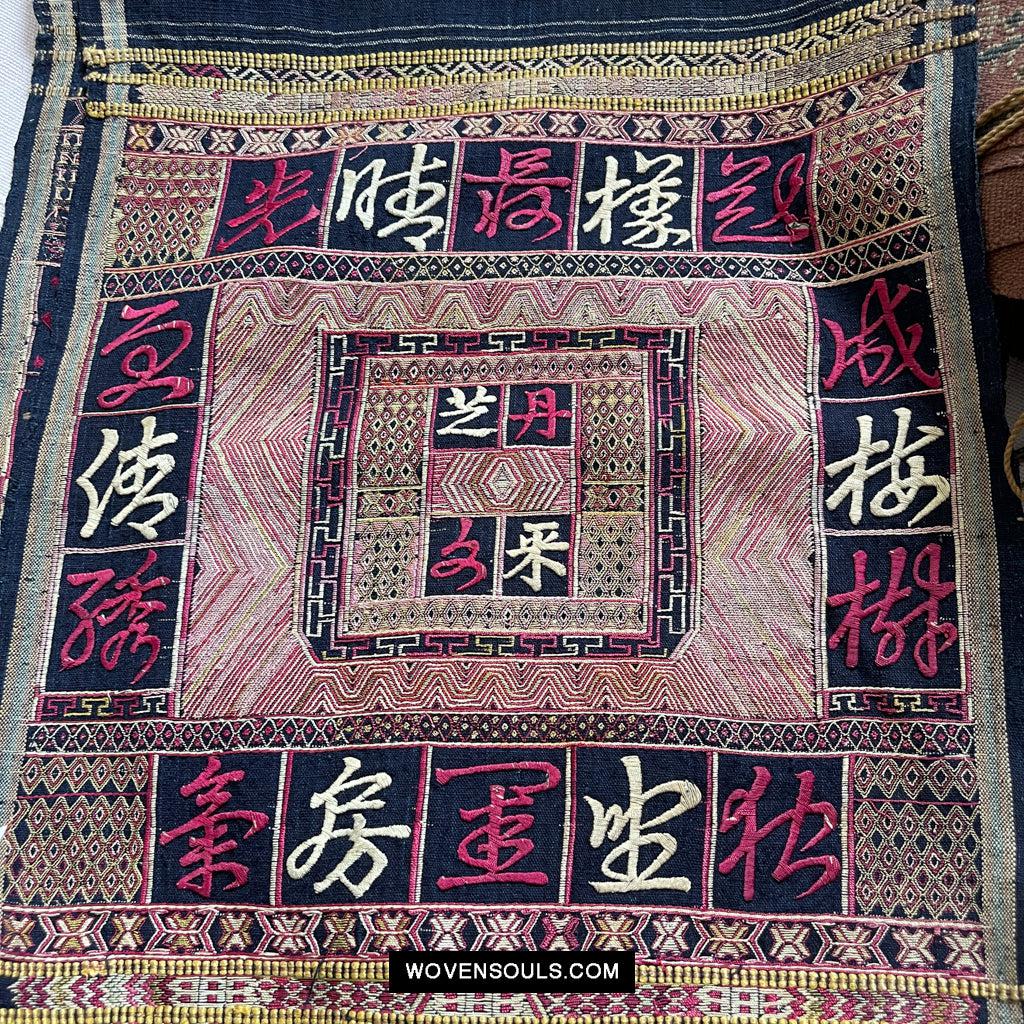 1612 Old Chinese Hainan Meifu Li Ethnic Minority Head wrap turban w Magenta Inscription-WOVENSOULS Antique Textiles & Art Gallery