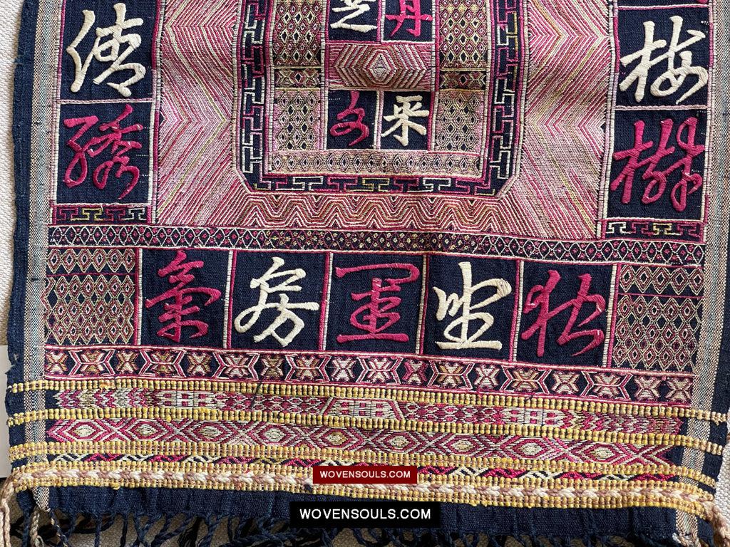 1612 Old Chinese Hainan Meifu Li Ethnic Minority Head wrap turban w Magenta Inscription-WOVENSOULS Antique Textiles & Art Gallery
