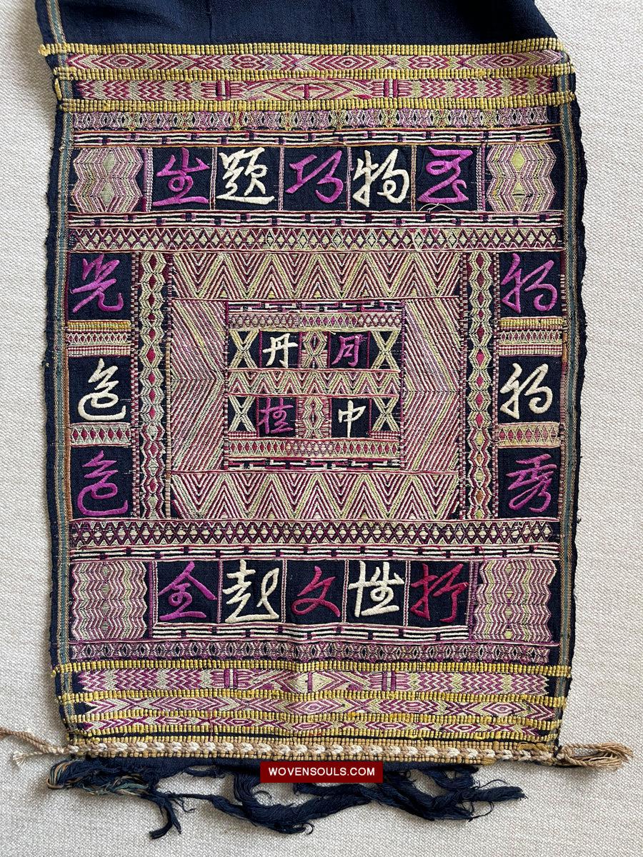 1613 Old Chinese Hainan Meifu Li Ethnic Minority Head wrap turban w Magenta Inscription-WOVENSOULS Antique Textiles & Art Gallery