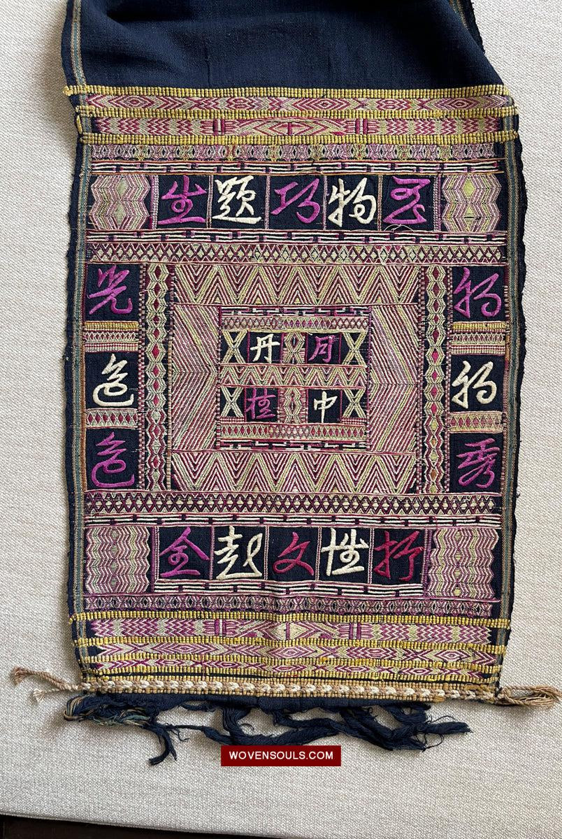 1613 Old Chinese Hainan Meifu Li Ethnic Minority Head wrap turban w Magenta Inscription-WOVENSOULS Antique Textiles & Art Gallery