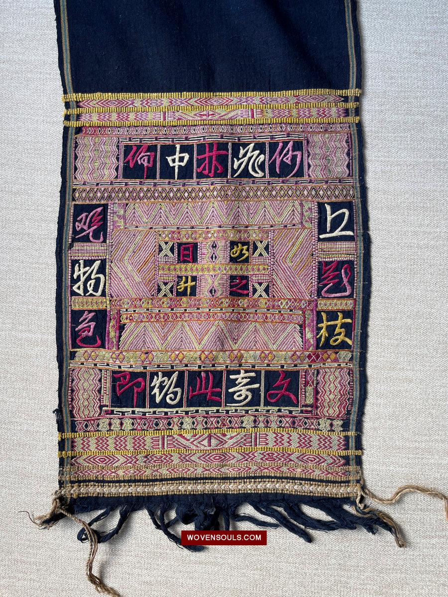 1613 Old Chinese Hainan Meifu Li Ethnic Minority Head wrap turban w Magenta Inscription-WOVENSOULS Antique Textiles & Art Gallery