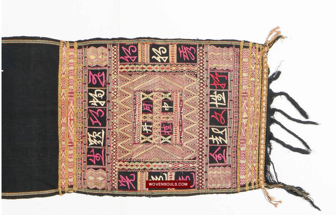 1613 Old Chinese Hainan Meifu Li Ethnic Minority Head wrap turban w Magenta Inscription-WOVENSOULS Antique Textiles & Art Gallery