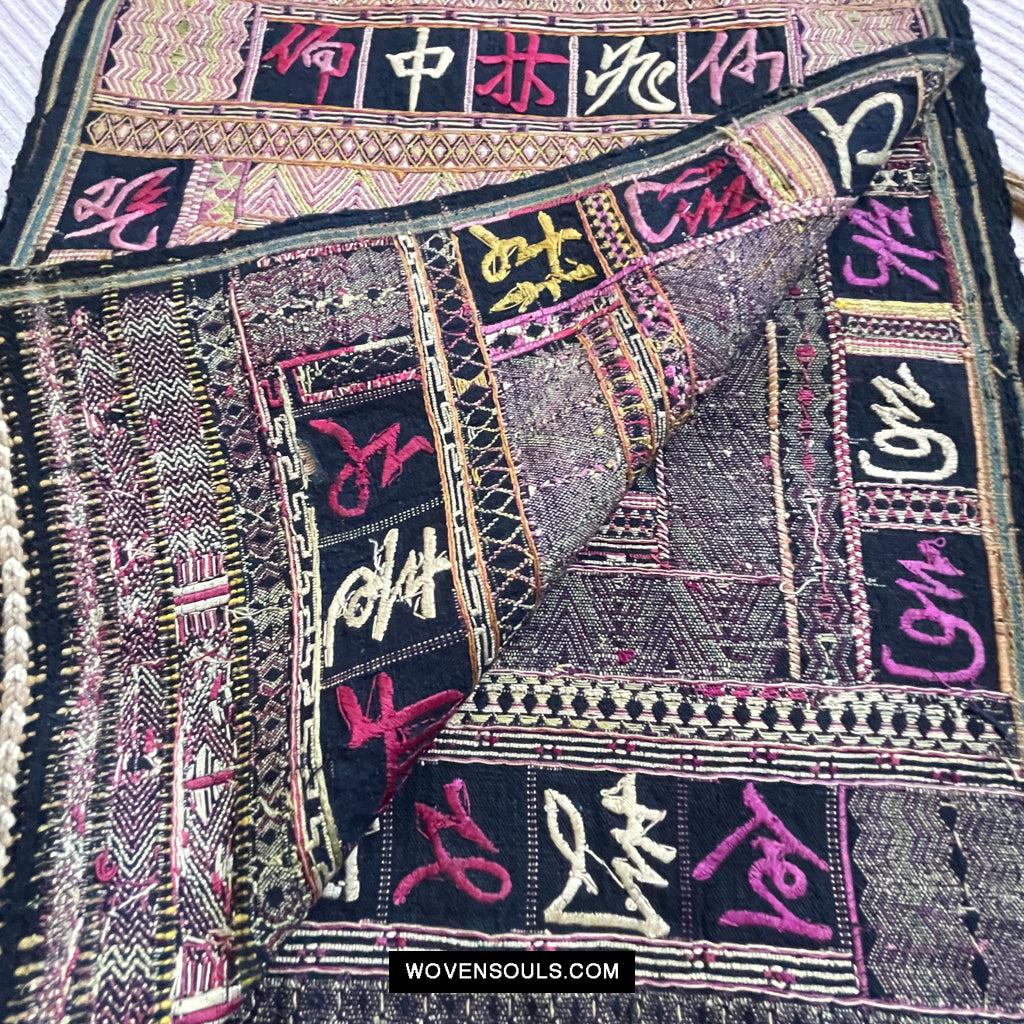 1613 Old Chinese Hainan Meifu Li Ethnic Minority Head wrap turban w Magenta Inscription-WOVENSOULS Antique Textiles & Art Gallery