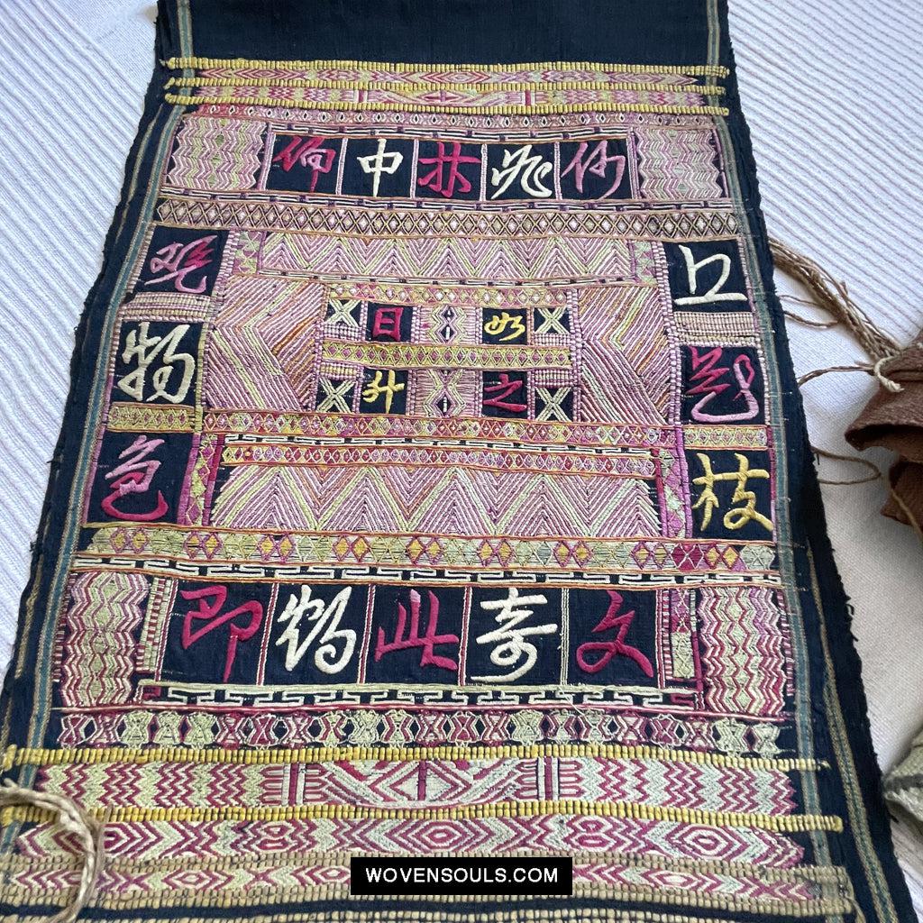 1613 Old Chinese Hainan Meifu Li Ethnic Minority Head wrap turban w Magenta Inscription-WOVENSOULS Antique Textiles & Art Gallery
