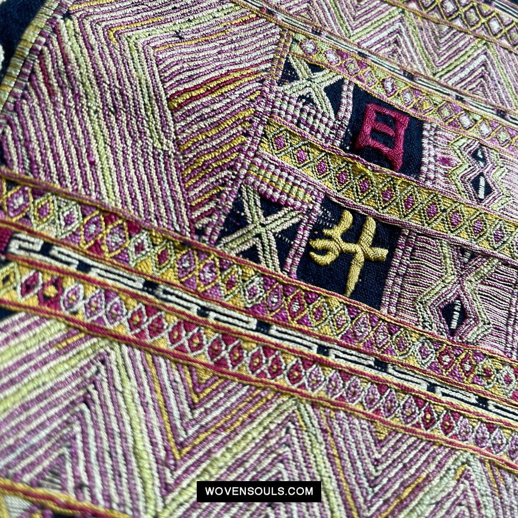 1613 Old Chinese Hainan Meifu Li Ethnic Minority Head wrap turban w Magenta Inscription-WOVENSOULS Antique Textiles & Art Gallery