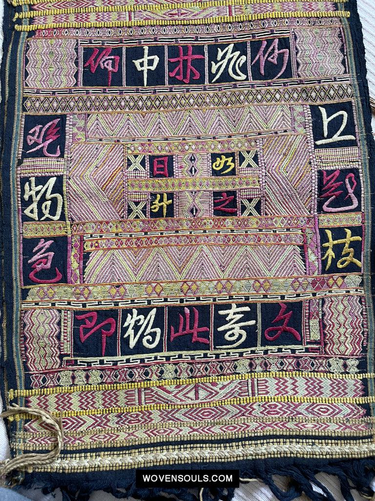 1613 Old Chinese Hainan Meifu Li Ethnic Minority Head wrap turban w Magenta Inscription-WOVENSOULS Antique Textiles & Art Gallery
