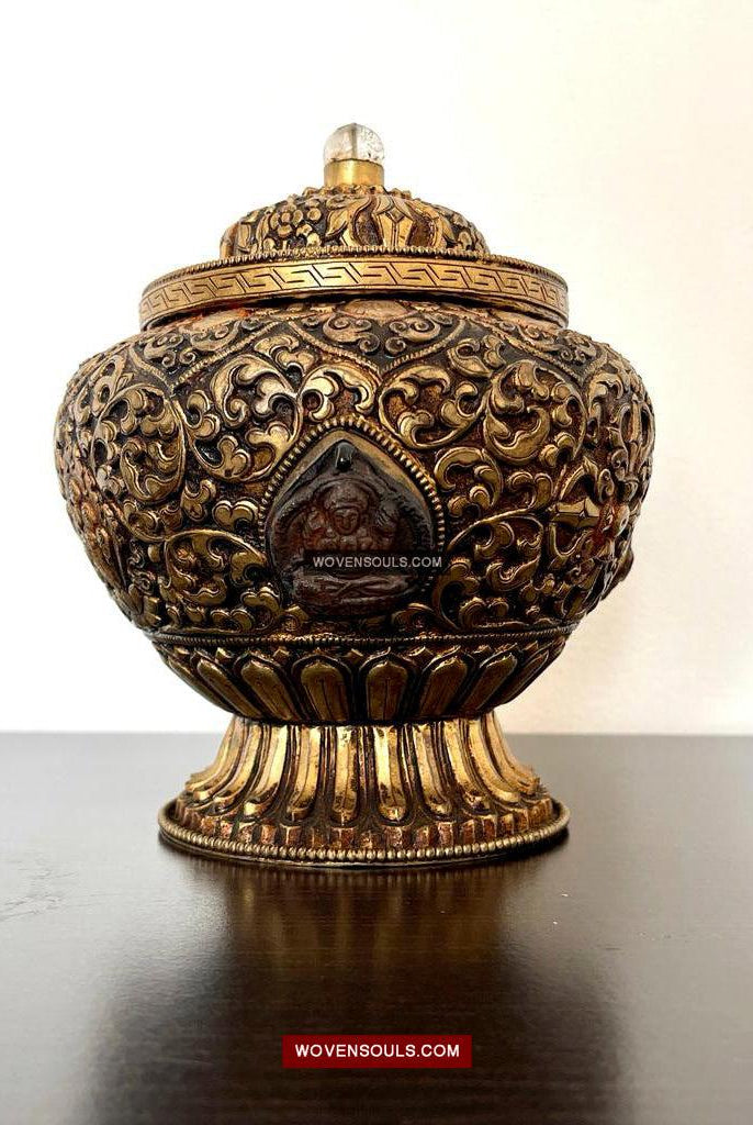 1624 Himalayan Buddhist Ceremonial Pot with Mountain Crystal Carvings-WOVENSOULS Antique Textiles & Art Gallery