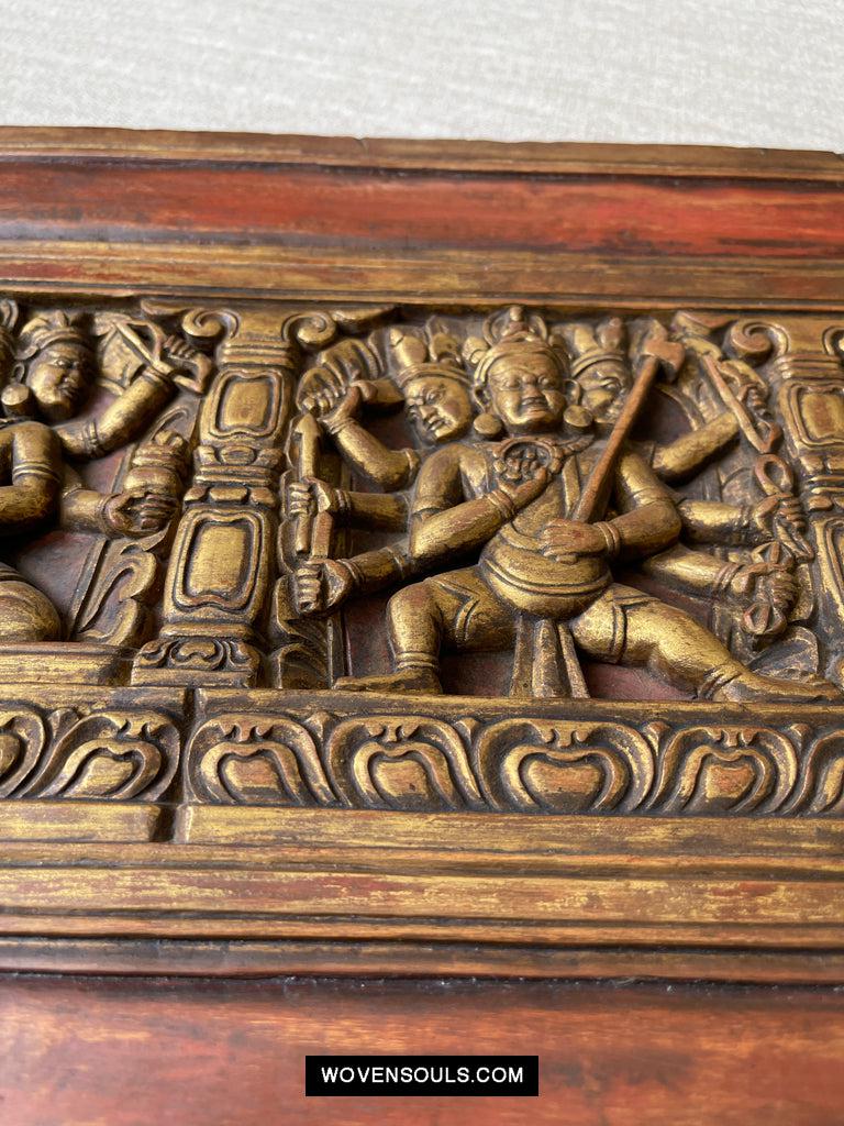 1646 Large Antique Tibetan Gilt & Carved Wood Sutra Cover-WOVENSOULS Antique Textiles & Art Gallery