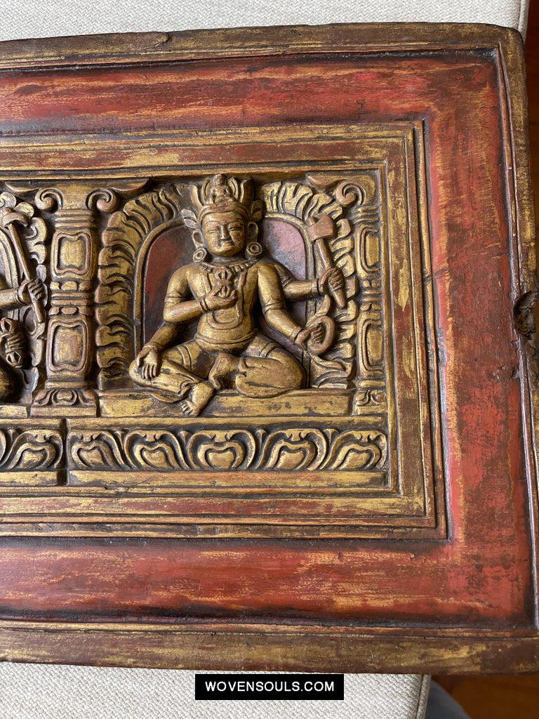 1646 Large Antique Tibetan Gilt & Carved Wood Sutra Cover-WOVENSOULS Antique Textiles & Art Gallery