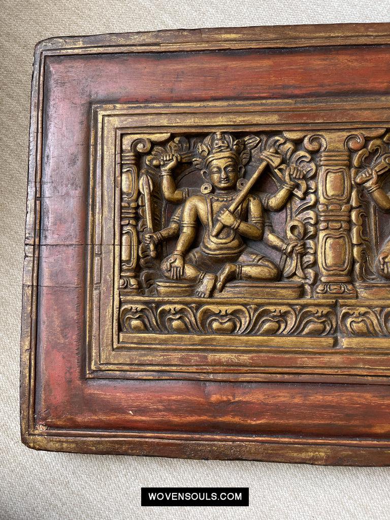 1646 Large Antique Tibetan Gilt & Carved Wood Sutra Cover-WOVENSOULS Antique Textiles & Art Gallery