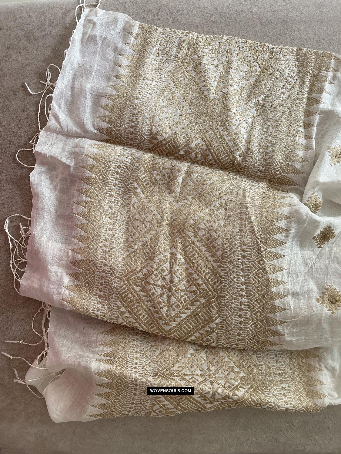 1670 Handwoven Silk Assamese Scarf - White + Gold - Recently Made-WOVENSOULS Antique Textiles & Art Gallery