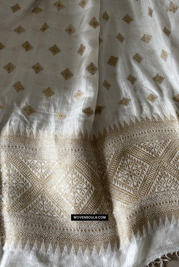 1670 Handwoven Silk Assamese Scarf - White + Gold - Recently Made-WOVENSOULS Antique Textiles & Art Gallery