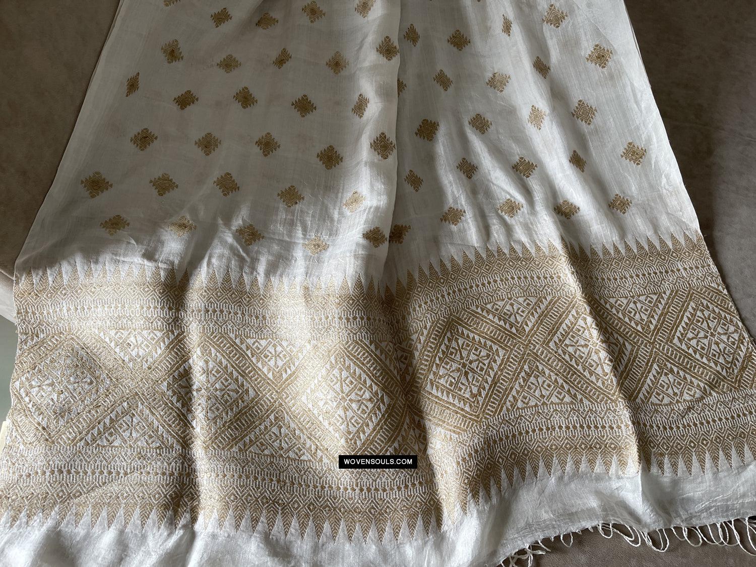 1670 Handwoven Silk Assamese Scarf - White + Gold - Recently Made-WOVENSOULS Antique Textiles & Art Gallery