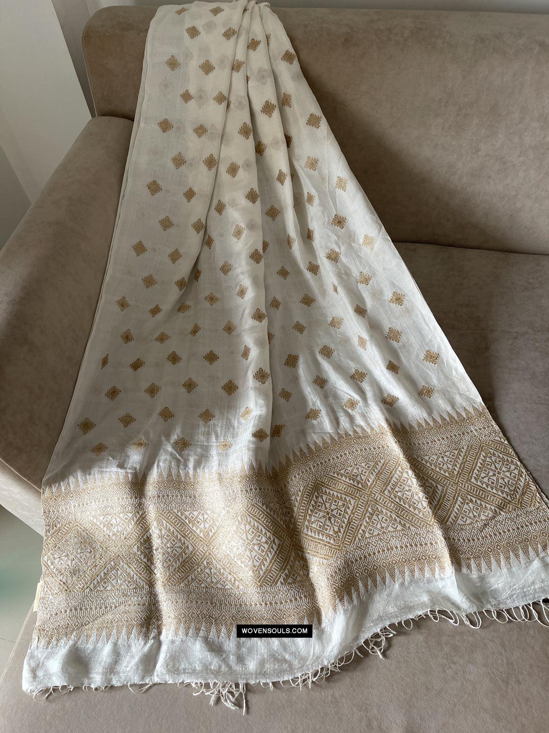 1670 Handwoven Silk Assamese Scarf - White + Gold - Recently Made-WOVENSOULS Antique Textiles & Art Gallery