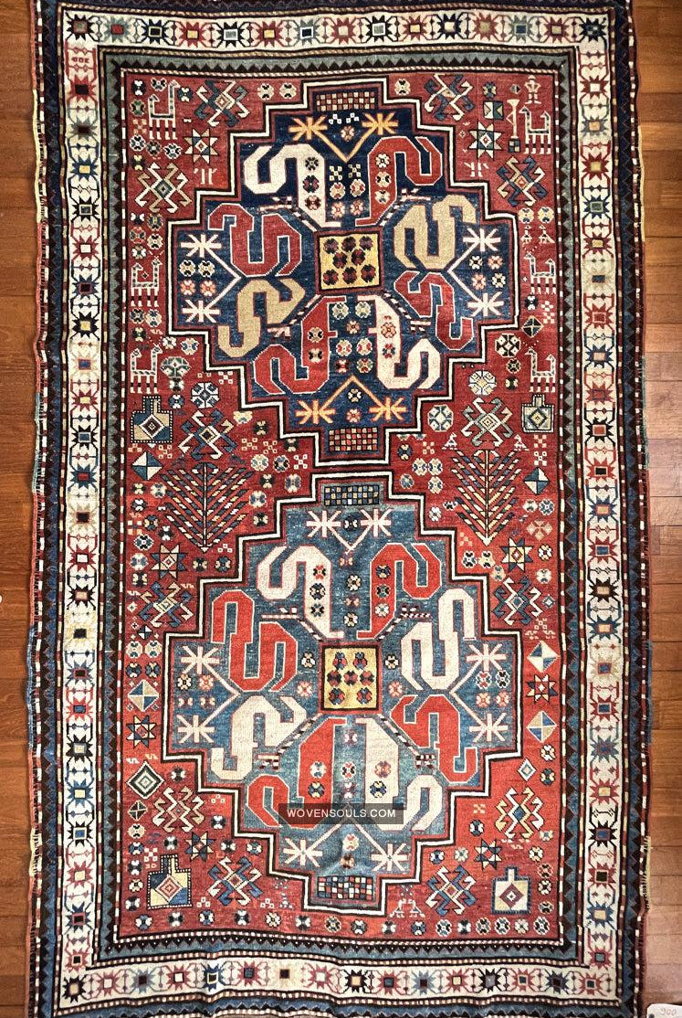 1671 Antique Cloudband Kazak Rug with Human Motifs-WOVENSOULS Antique Textiles & Art Gallery
