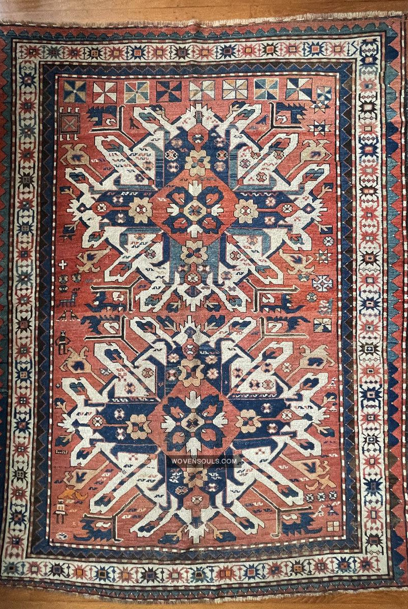 1672 Antique Chelaberd Eagle Kazak Rug with Human Motifs-WOVENSOULS Antique Textiles & Art Gallery