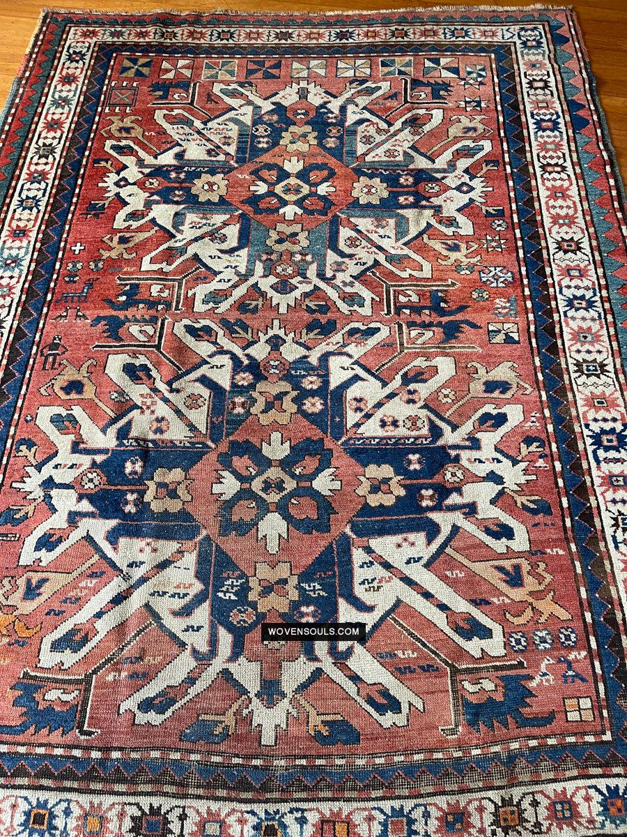 1672 Antique Chelaberd Eagle Kazak Rug with Human Motifs-WOVENSOULS Antique Textiles & Art Gallery