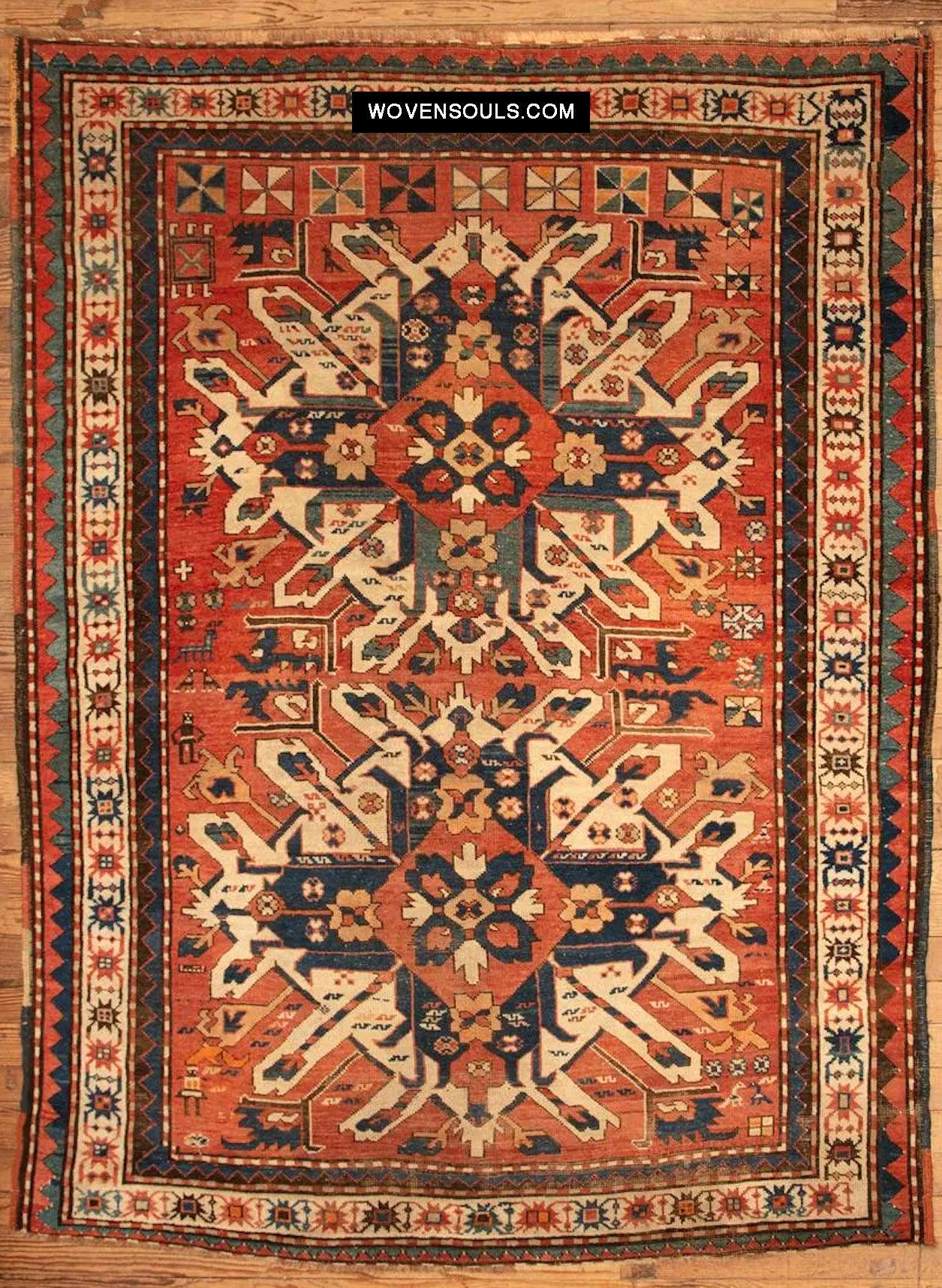 1672 Antique Chelaberd Eagle Kazak Rug with Human Motifs-WOVENSOULS Antique Textiles & Art Gallery