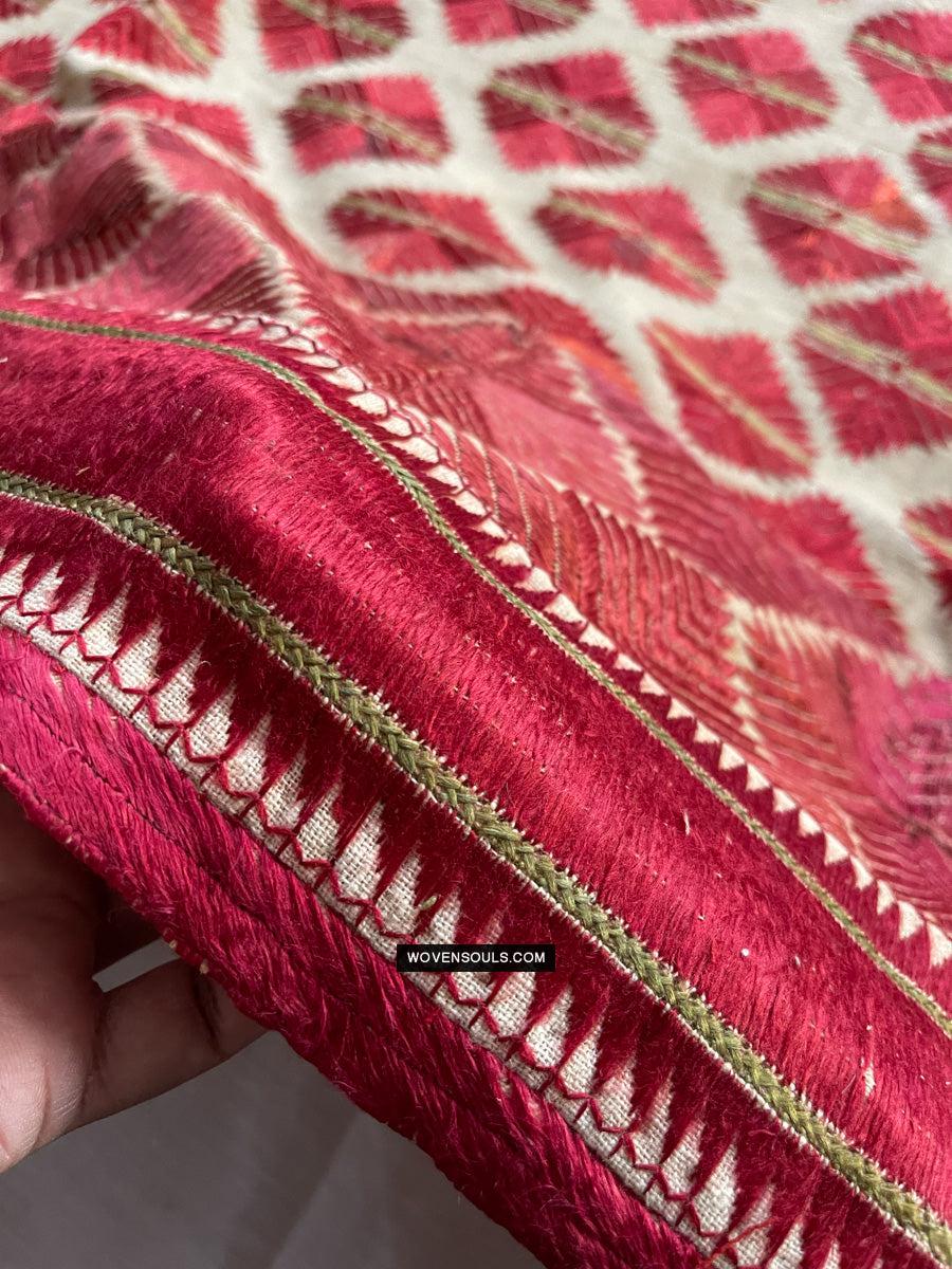 1675 Gorgeous Red & WHite Phulkari Floral Thirma with Borders-WOVENSOULS Antique Textiles & Art Gallery