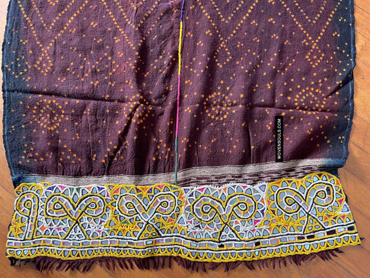 1689 Deep Maroon Rabari Ludhi Wedding Shawl Tie-dye & Embroidery 11 Florets-WOVENSOULS Antique Textiles & Art Gallery