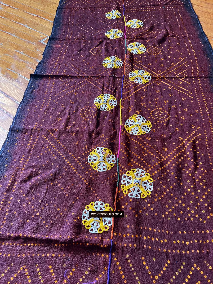 1689 Deep Maroon Rabari Ludhi Wedding Shawl Tie-dye & Embroidery 11 Florets-WOVENSOULS Antique Textiles & Art Gallery