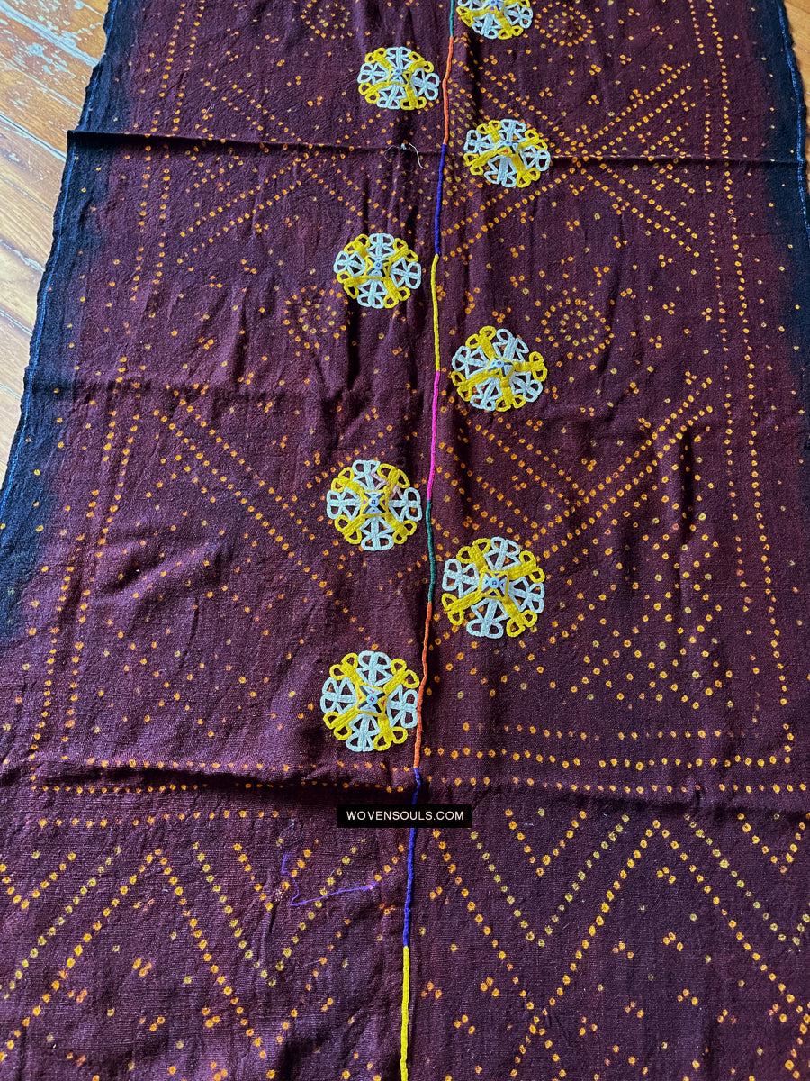 1689 Deep Maroon Rabari Ludhi Wedding Shawl Tie-dye & Embroidery 11 Florets-WOVENSOULS Antique Textiles & Art Gallery