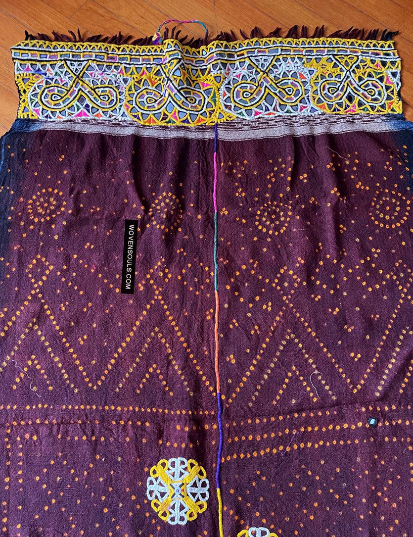 1689 Deep Maroon Rabari Ludhi Wedding Shawl Tie-dye & Embroidery 11 Florets-WOVENSOULS Antique Textiles & Art Gallery