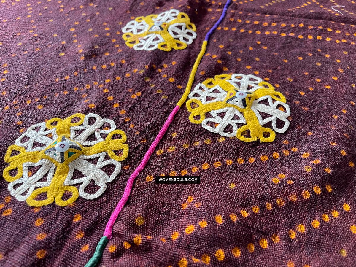 1689 Deep Maroon Rabari Ludhi Wedding Shawl Tie-dye & Embroidery 11 Florets-WOVENSOULS Antique Textiles & Art Gallery