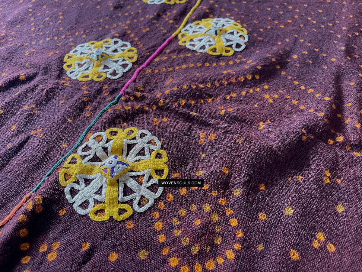 1689 Deep Maroon Rabari Ludhi Wedding Shawl Tie-dye & Embroidery 11 Florets-WOVENSOULS Antique Textiles & Art Gallery