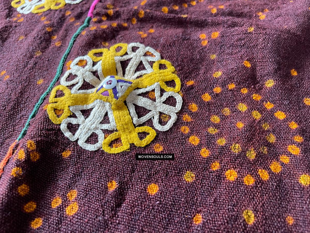 1689 Deep Maroon Rabari Ludhi Wedding Shawl Tie-dye & Embroidery 11 Florets-WOVENSOULS Antique Textiles & Art Gallery