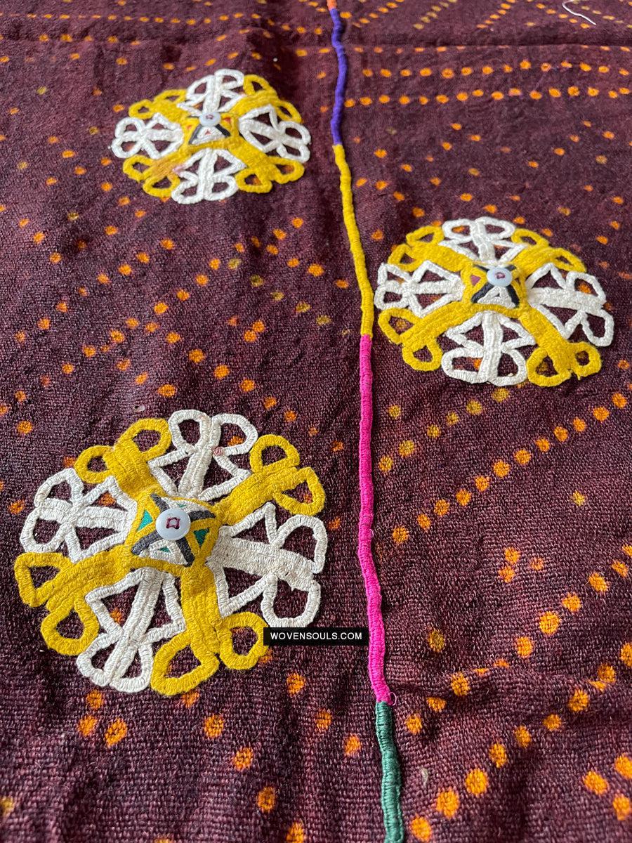 1689 Deep Maroon Rabari Ludhi Wedding Shawl Tie-dye & Embroidery 11 Florets-WOVENSOULS Antique Textiles & Art Gallery