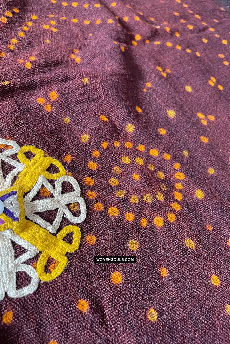 1689 Deep Maroon Rabari Ludhi Wedding Shawl Tie-dye & Embroidery 11 Florets-WOVENSOULS Antique Textiles & Art Gallery