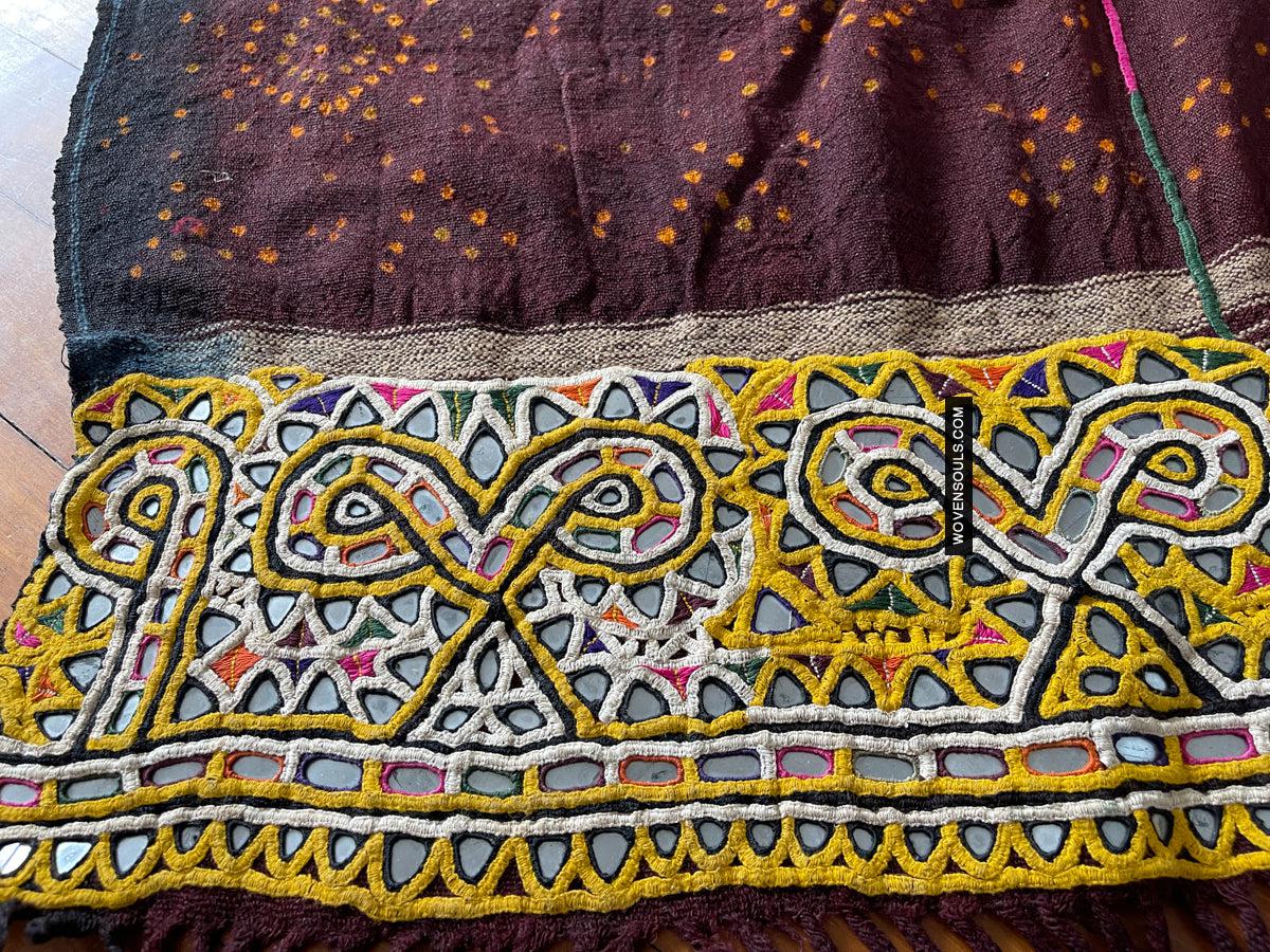 1689 Deep Maroon Rabari Ludhi Wedding Shawl Tie-dye & Embroidery 11 Florets-WOVENSOULS Antique Textiles & Art Gallery