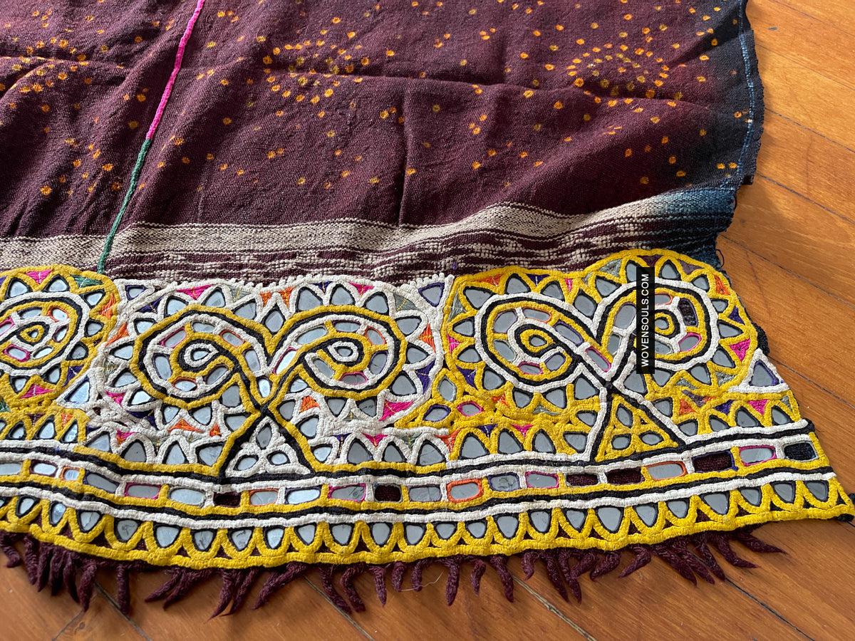 1689 Deep Maroon Rabari Ludhi Wedding Shawl Tie-dye & Embroidery 11 Florets-WOVENSOULS Antique Textiles & Art Gallery