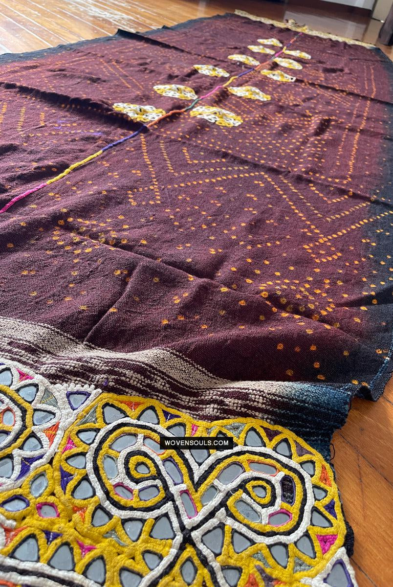 1689 Deep Maroon Rabari Ludhi Wedding Shawl Tie-dye & Embroidery 11 Florets-WOVENSOULS Antique Textiles & Art Gallery