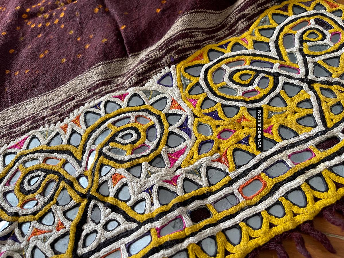 1689 Deep Maroon Rabari Ludhi Wedding Shawl Tie-dye & Embroidery 11 Florets-WOVENSOULS Antique Textiles & Art Gallery