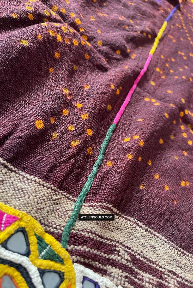 1689 Deep Maroon Rabari Ludhi Wedding Shawl Tie-dye & Embroidery 11 Florets-WOVENSOULS Antique Textiles & Art Gallery